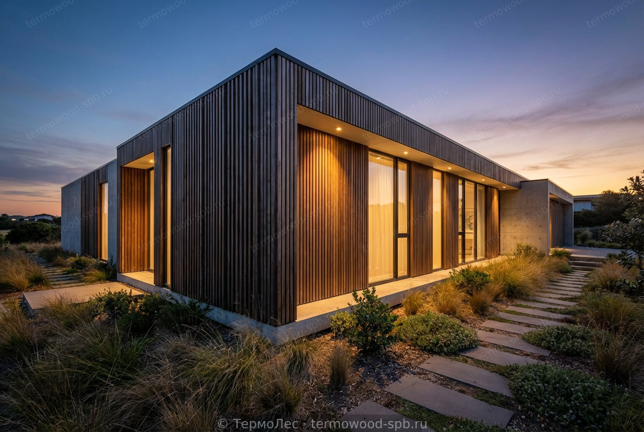 Современное здание с фасадом из термодерева