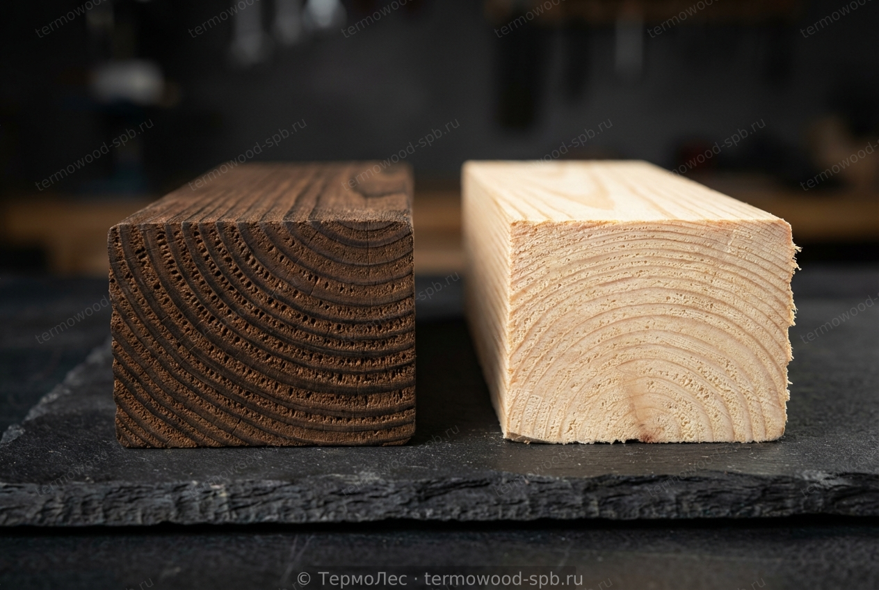 Срез термодерева в сравнении с обычной древесиной